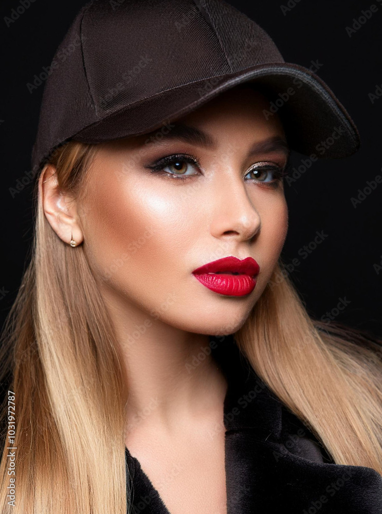 Fashionable woman wearing a baseball cap and bold red lipstick, styled in a sleek black outfit, showcasing modern beauty and fashion trends. A sunny autumn day in the urban space. Fashionable woman wearing a baseball cap and bold red lipstick, styled in a sleek black outfit, showcasing modern beauty and fashion trends. A sunny autumn day in the urban space.