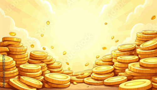 Gold Coins Background with Sunrays and Clouds 
