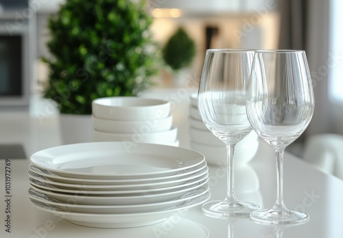 Elegant dining setup featuring stacked plates and glassware in a modern kitch...