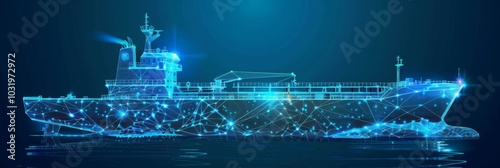 Digital Low-Poly Cargo Ship Symbolizing Global Shipping, Logistics, Autonomous Maritime Operations, Smart Shipping Routes, Blockchain-Enabled Supply Chains.