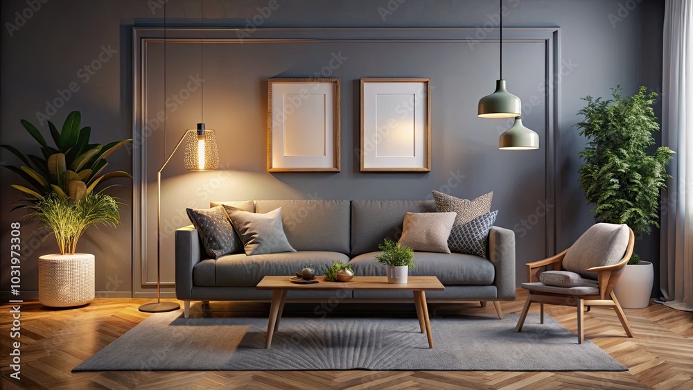 Fototapeta premium Scandinavian Living Room Night Photography - Minimalist Gray Sofa, Cozy Atmosphere, Blank Picture Frame Mockup, Stylish Decor, Tranquil Interior Design, Warm Lighting, Modern Aesthetics