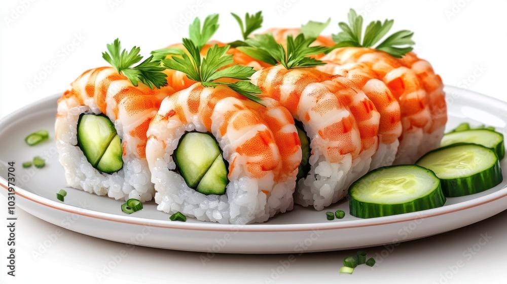 Deliciously crafted shrimp sushi rolls with fresh cucumber and vibrant parsley garnishing a white plate Deliciously crafted shrimp sushi rolls with fresh cucumber and vibrant parsley garnishing a white plate