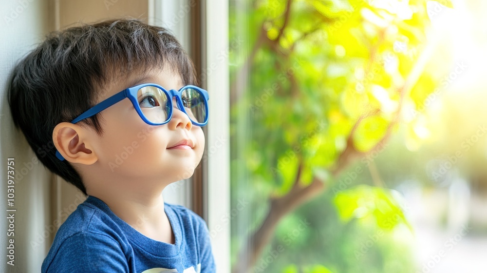 Young child wearing blue glasses focusing on distant tree outside window, symbolizing myopia prevention and importance of outdoor activities. Young child wearing blue glasses focusing on distant tree outside window, symbolizing myopia prevention and importance of outdoor activities.