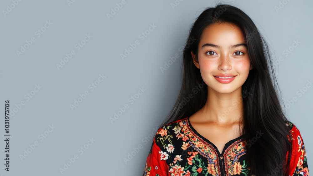 Fototapeta premium Indonesian woman wearing traditional huipil tunic mexican guatemala cloth