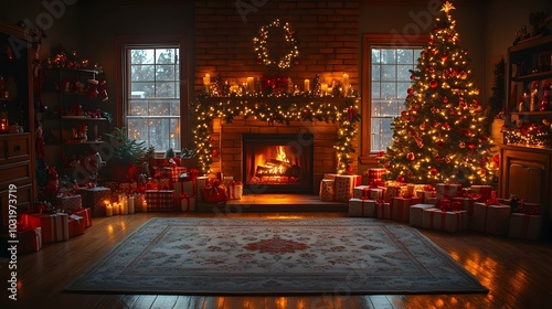Wallpaper Mural Cozy Christmas Fireplace Scene with Decorated Tree and Gifts Torontodigital.ca
