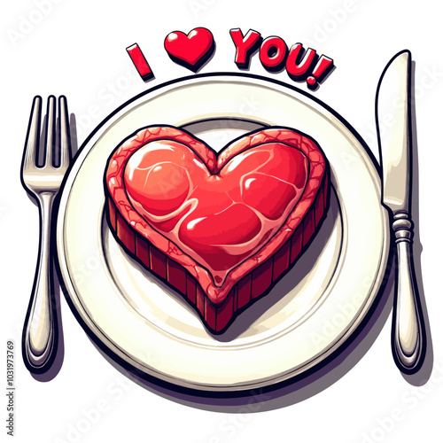 Heart-Shaped Steak on Plate with Utensils