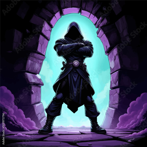 Hooded Figure in Stone Archway 
