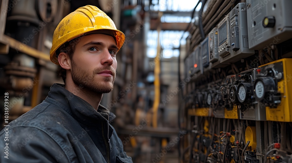 Focused Industrial Worker Wearing Safety Helmet in Factory Warehouse Focused Industrial Worker Wearing Safety Helmet in Factory Warehouse