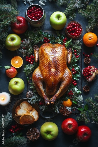 A beautifully arranged Thanksgiving feast with roasted turkey and seasonal fr...
