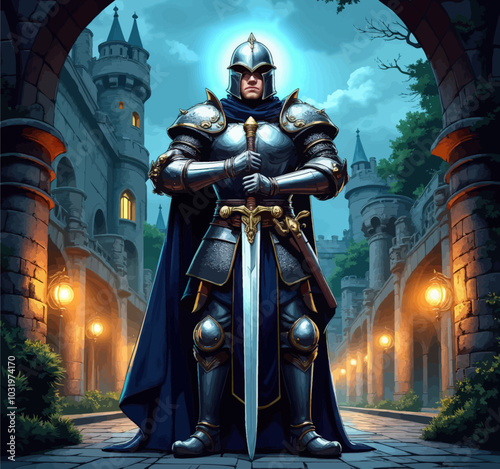 Knight Standing in Front of Castle  
