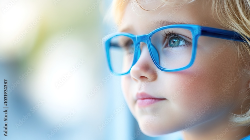 Young child wearing blue glasses focusing on distant tree outside window, symbolizing myopia prevention and importance of outdoor activities. Young child wearing blue glasses focusing on distant tree outside window, symbolizing myopia prevention and importance of outdoor activities.