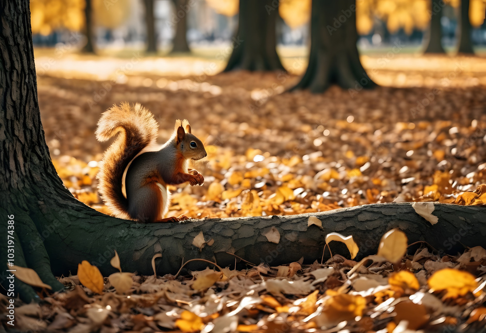 Squirrels gathering acorns in a golden autumn city park surrounded by vibrant falling leaves