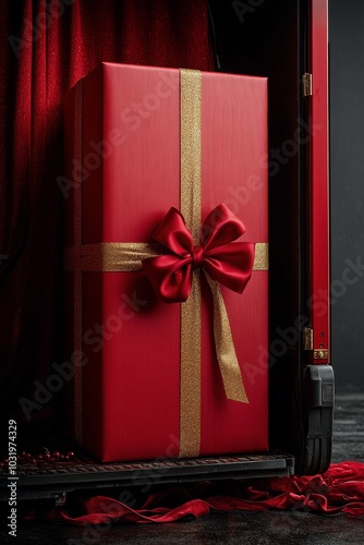 A decorative red gift box sits alone against a textured wall in warm afternoo...