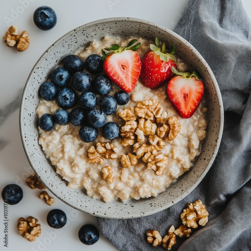 Healthy breakfast bowl featuring oatmeal topped with strawberries, blueberrie...