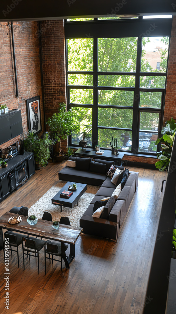 Fototapeta premium Modern living room with large windows and plants
