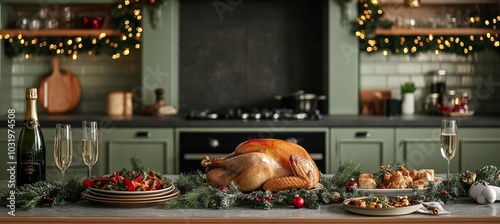 Festive holiday dinner setting featuring a roasted turkey and elegantly decor...
