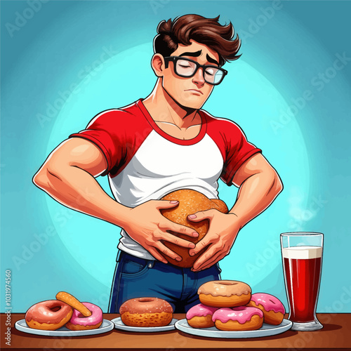 Man Holding Belly with Donuts and Beer