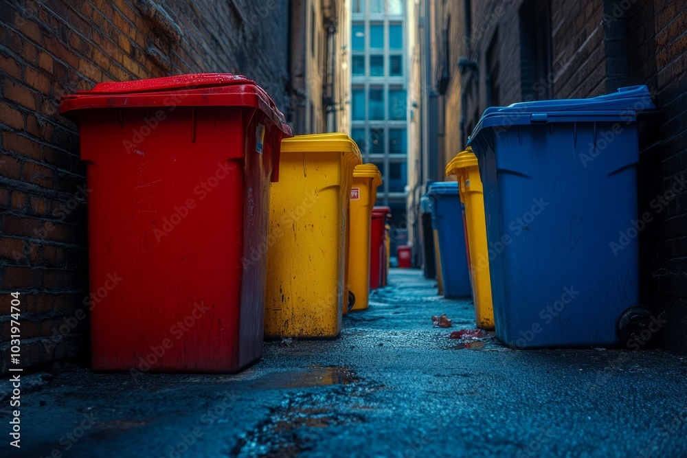Colorful Trash Bins in Urban Alley Colorful Trash Bins in Urban Alley