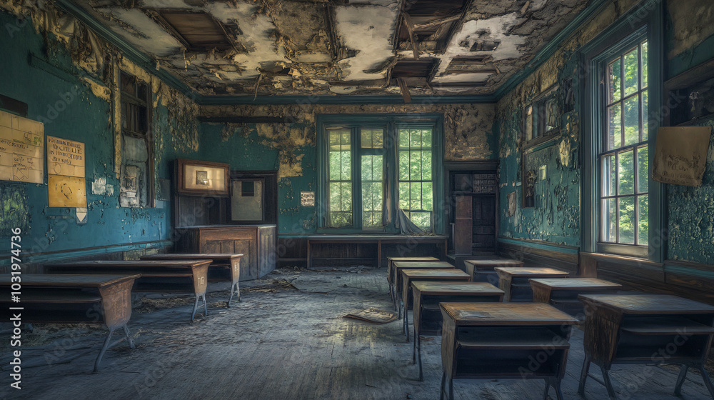 A forgotten schoolhouse with dusty desks and a haunting past. A forgotten schoolhouse with dusty desks and a haunting past.