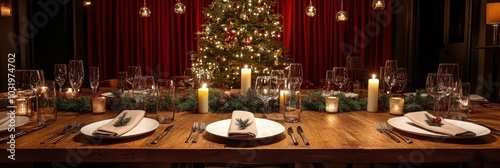 Elegant Christmas dinner table setting with candles and festive decor in a co...