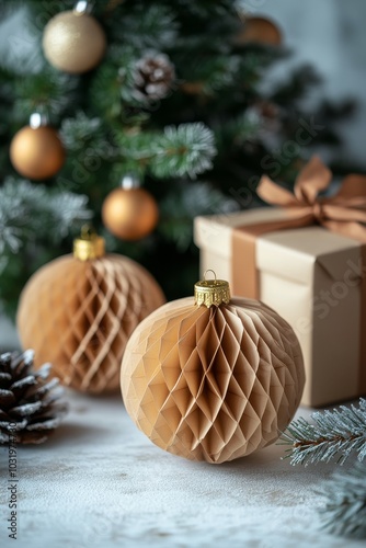 Decorative ornaments and wrapped gifts under a snowy Christmas tree in a cozy...