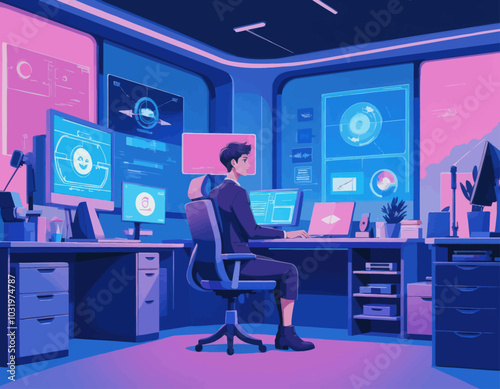 Man working at a computer in a futuristic office