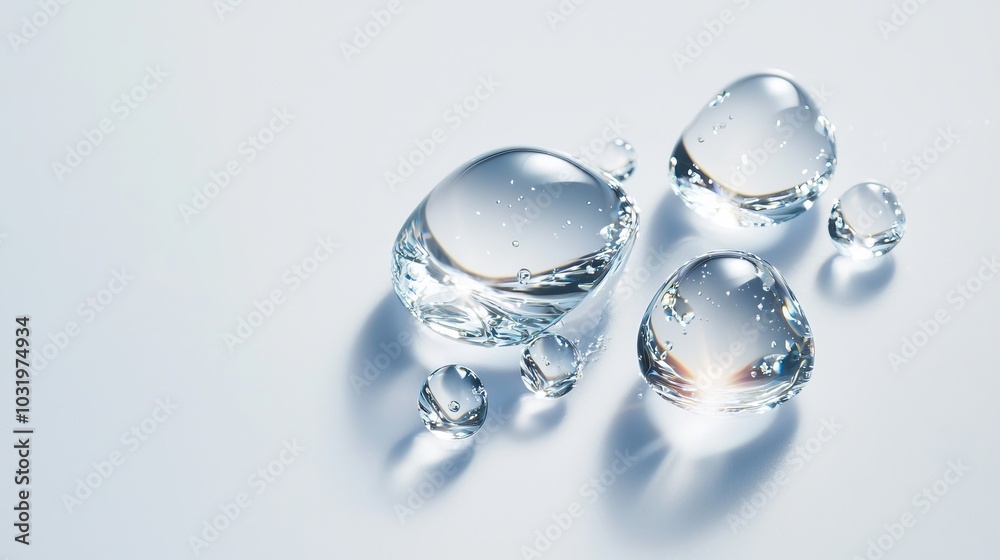 A cluster of water drops on a bright white surface, with intricate light reflections and soft shadows, creating a natural harmony, top view A cluster of water drops on a bright white surface, with intricate light reflections and soft shadows, creating a natural harmony, top view