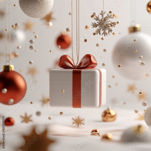 A festive gift box with a red ribbon and golden embellishments hovering again...