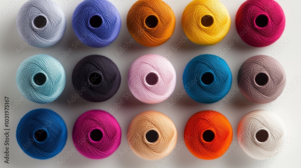 A collection of vibrant, multicolored sewing threads neatly arranged on a pristine white surface, casting soft shadows. Top-down view for precise color contrast A collection of vibrant, multicolored sewing threads neatly arranged on a pristine white surface, casting soft shadows. Top-down view for precise color contrast