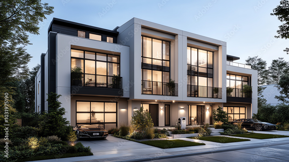 Modern residential building with large windows. Modern residential building with large windows.