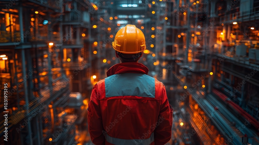 Worker in Protective Gear Inspecting Machinery in Industrial Factory