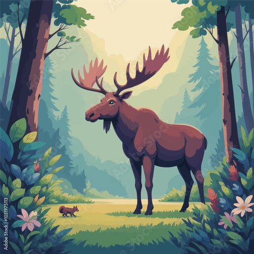 Moose in Forest Clearing with Squirrel 
