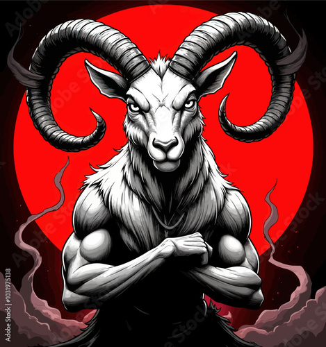 Muscular Goat with Large Horns, Red Background