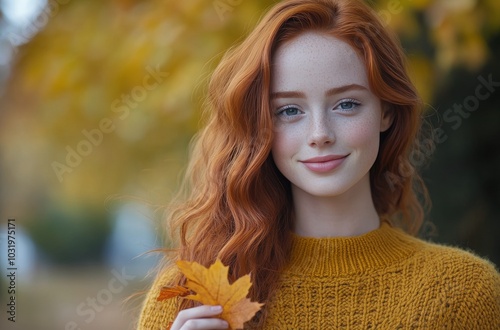 A red haired woman holding a yellow leaf in a vibrant autumn park on a sunny day