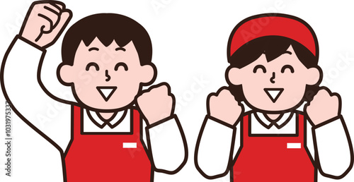 ガッツポーズするエプロン姿の男女店員