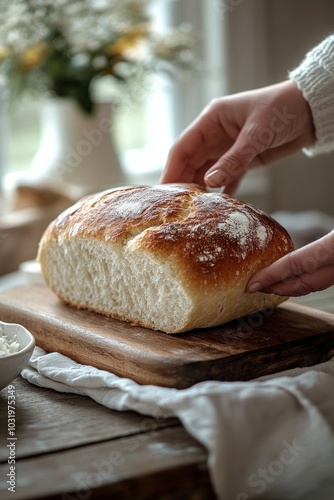Bakers hands shaping fresh bread dough on a rustic wooden countertop in a coz...