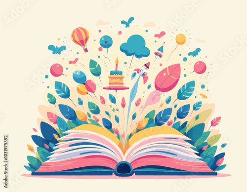 Open Book with Birthday Cake and Balloons  
