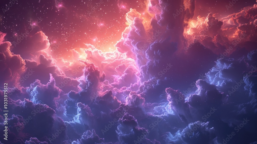 Majestic clouds illuminated by vibrant hues at twilight in a cosmic sky, creating a dreamlike atmosphere. Generative AI Majestic clouds illuminated by vibrant hues at twilight in a cosmic sky, creating a dreamlike atmosphere. Generative AI