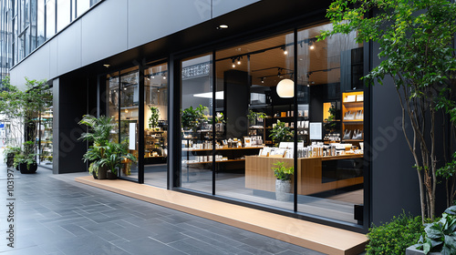 Modern storefront with glass facade and plants