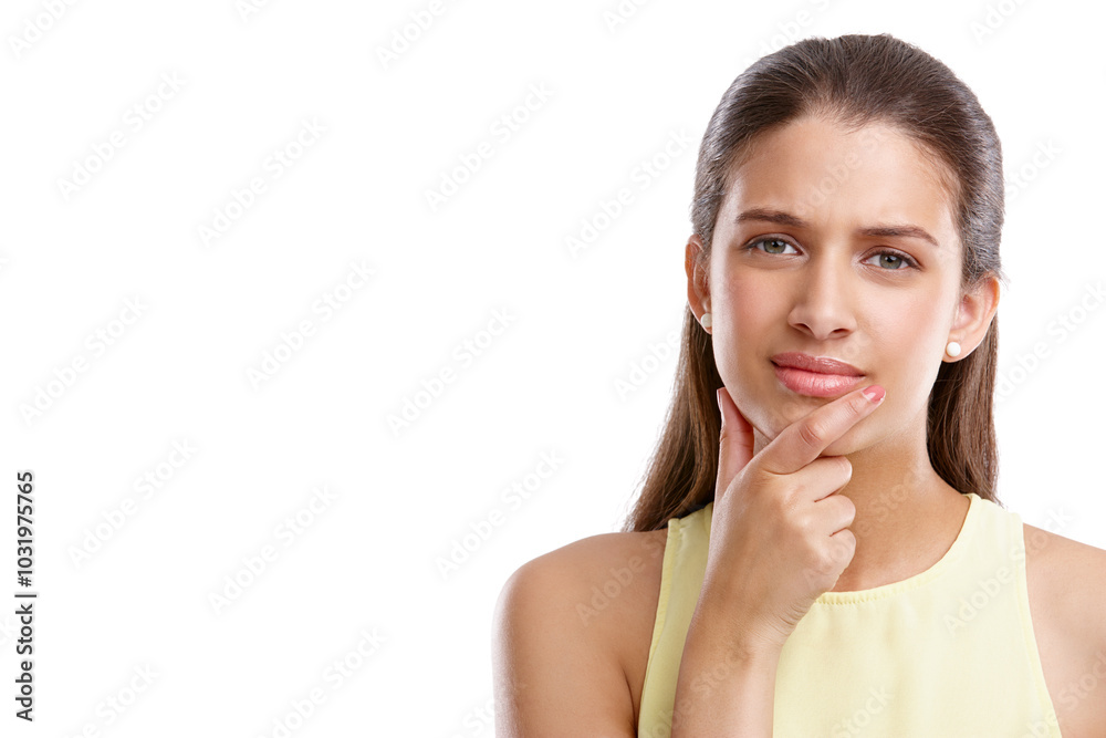 Thinking, idea and portrait of woman in studio with solution, guess or vision for startup company. Brainstorming, mockup space and entrepreneur from Brazil with problem solving by white background. Thinking, idea and portrait of woman in studio with solution, guess or vision for startup company. Brainstorming, mockup space and entrepreneur from Brazil with problem solving by white background.