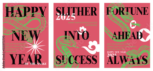 Set of 2025 Year of the Snake posters featuring snake in paper cut art style on red backgrounds, and motivational messages about success and fortune. Celebratory, modern design.