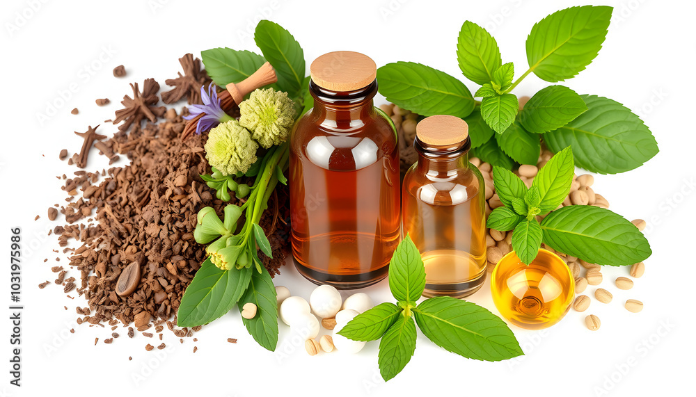 Herbal formulations for health care - herbs and drugs on white background isolated with white highlights, png Herbal formulations for health care - herbs and drugs on white background isolated with white highlights, png