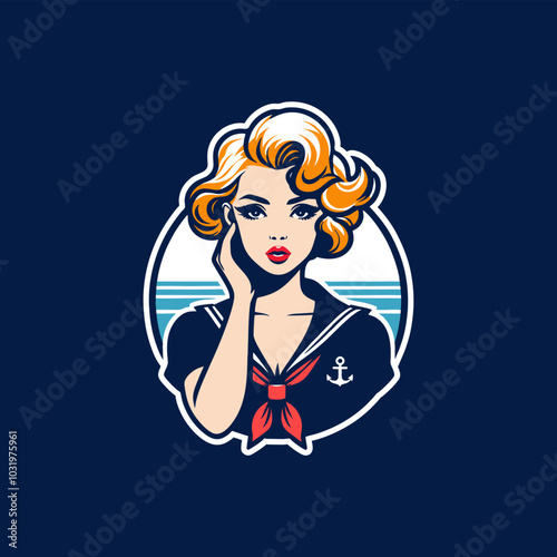 pinup girl as marine us navy seal illustration logo circle	
