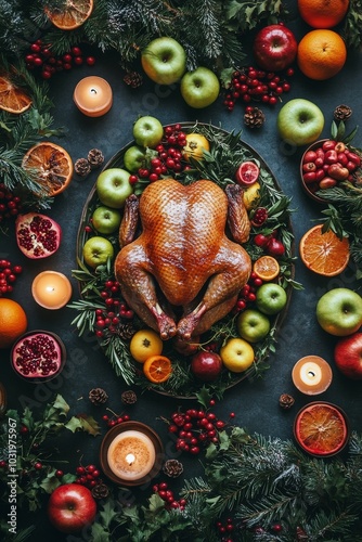 A beautifully arranged Thanksgiving feast with roasted turkey and seasonal fr...