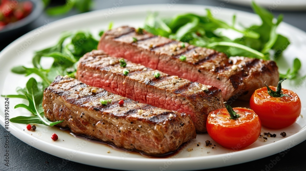Grilled steaks served with vibrant arugula and roasted cherry tomatoes on a white plate in a cozy dining setting Grilled steaks served with vibrant arugula and roasted cherry tomatoes on a white plate in a cozy dining setting