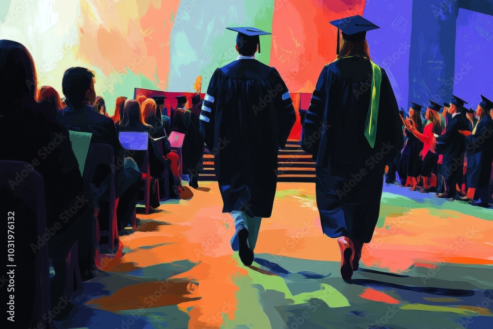 Graduation ceremony artwork showcases proud graduates. The colorful ...