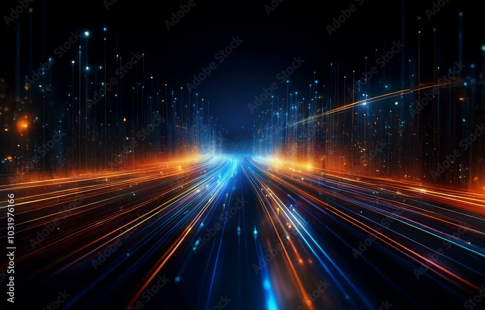 Abstract digital art depicting a glowing road leading forward with bright lights and lines of orange, blue, and yellow.