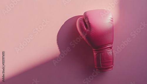 A vibrant pink boxing glove resting against a pastel pink wall in creative li...