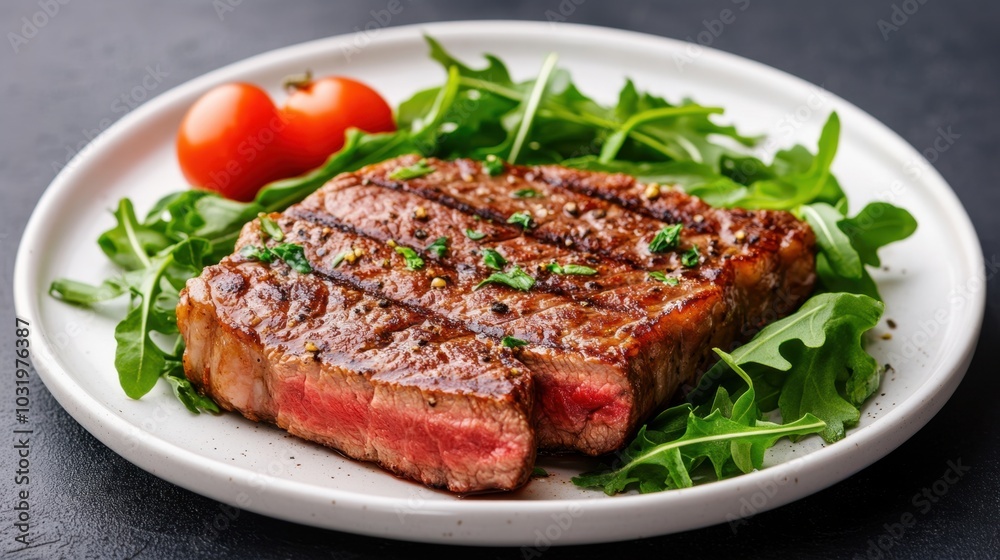 Sizzling steak served on a plate with fresh arugula and cherry tomatoes, creating a vibrant culinary experience Sizzling steak served on a plate with fresh arugula and cherry tomatoes, creating a vibrant culinary experience