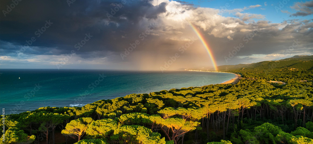 Obraz premium tramonto con nuvole minacciose e sole. pineta di pino marittimo in toscana, arcobaleno. visto dall'alto. vicino al mare
